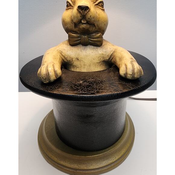 Vintage Whimsical Rabbit in Hat Table Lamp – Brass & Rustic Gold Base, 22" Tall - Picture 3 of 16
